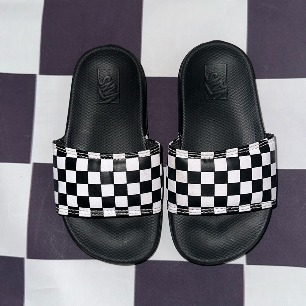 Vans Kids Checkerboard Black & White Summer Slides Flip Flop Sandals Toddler 11
